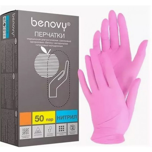 [недоступно] Benovy Nitrile MultiColor / Бенови - перчатки нитриловые, текстурированные на пальцах, розовые, M, 50 пар